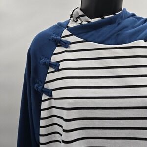 Cyanstyle Women's Hoodie XL Blue Sleeve-‎ Black/White Stripes